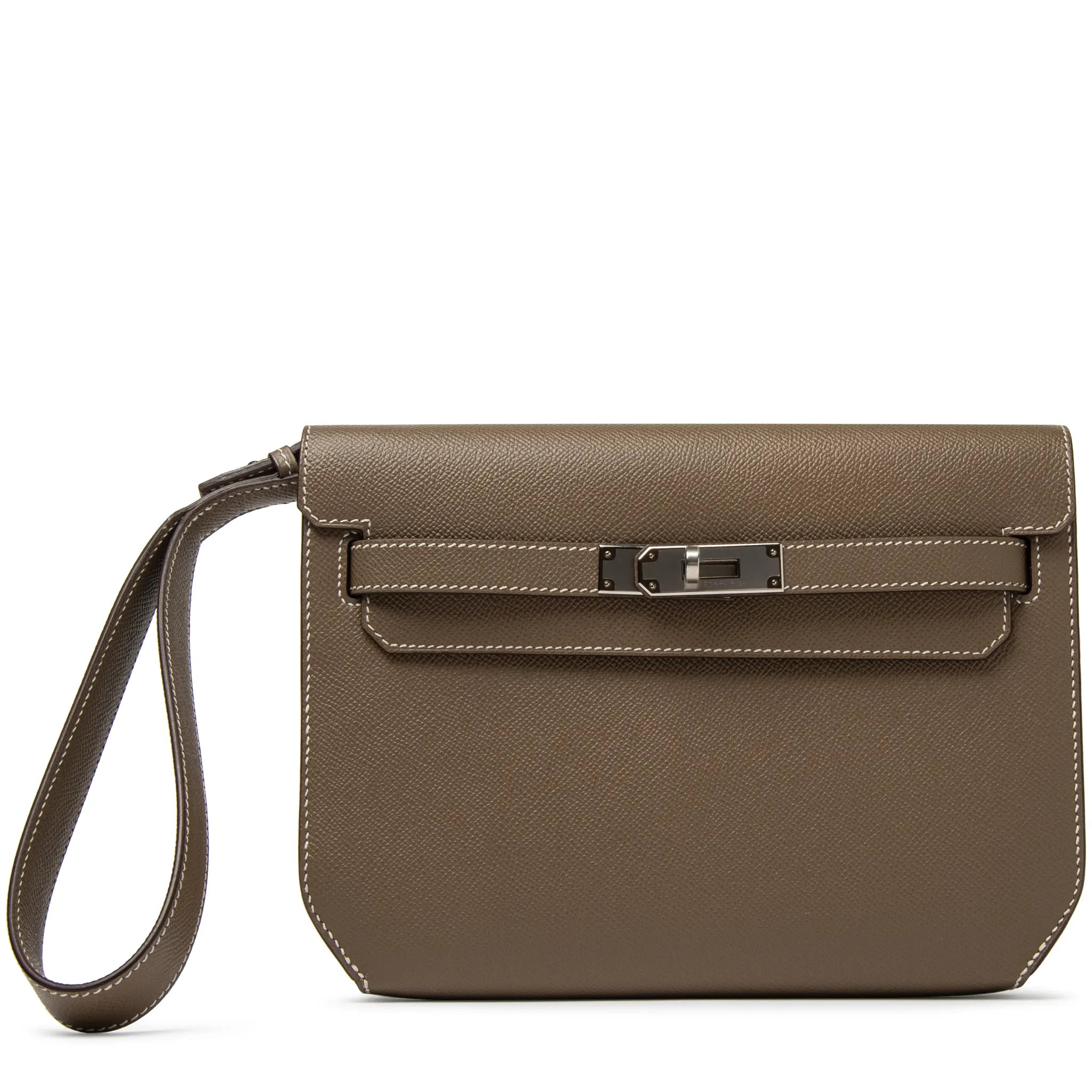 Side View of Hermes Paris Kelly Depeches 25 Epsom Etoupe Palladium Hardware H078397CK18